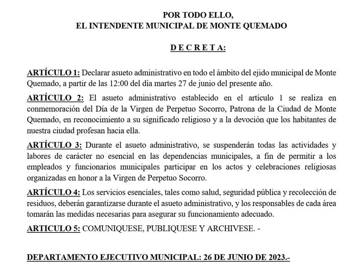 Asueto por el día de la Virgen del Perpetuo Socorro, patrona de Monte Quemado