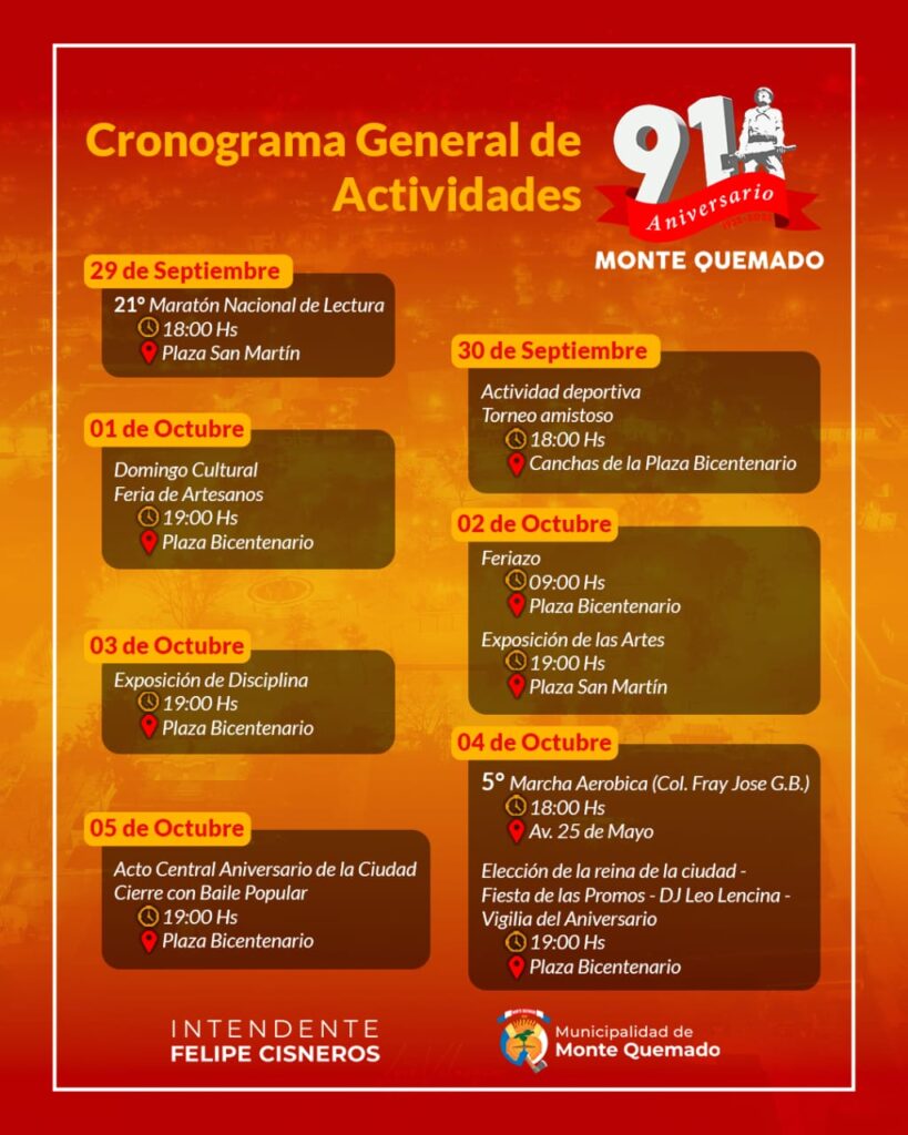 Cronograma de Actividades por el 91 Aniversario de Monte Quemado