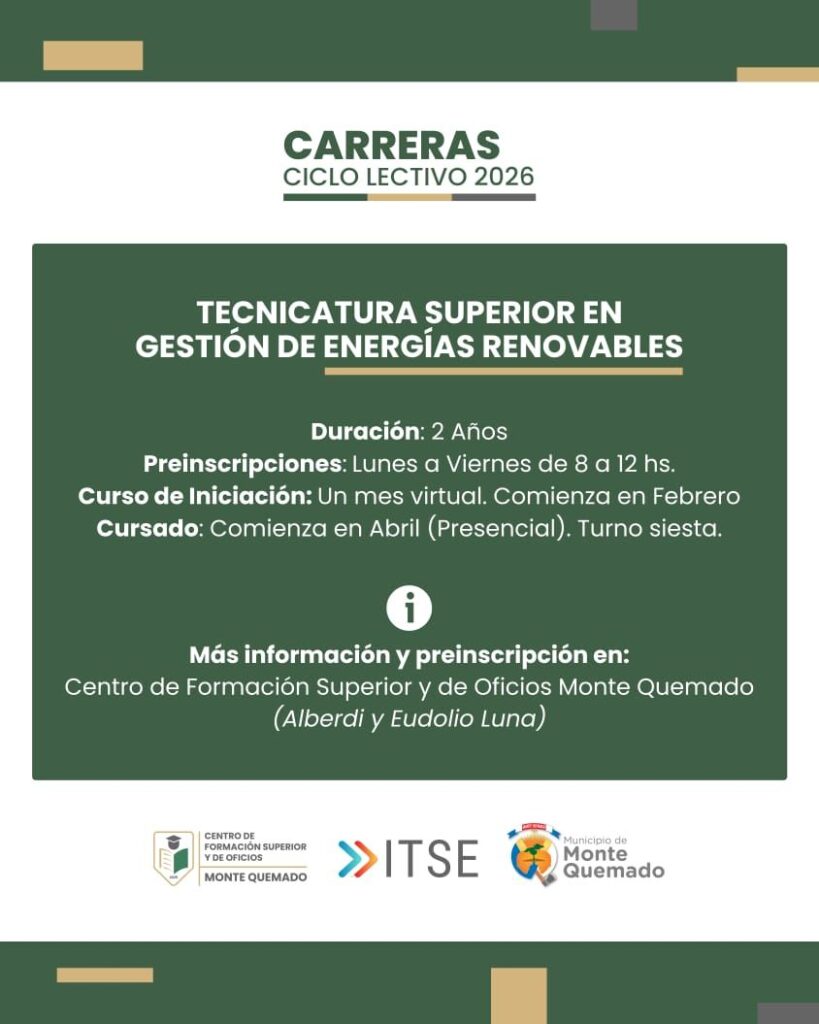 Preinscripciones abiertas para la «Tecnicatura Superior en Gestión de Energías Renovables» Preinscripciones abiertas para la «Tecnicatura Superior en Gestión de Energías Renovables»