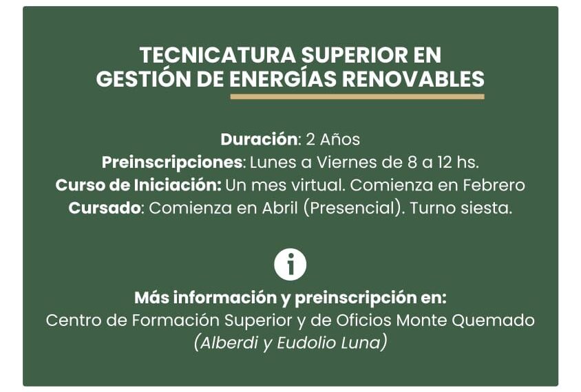 Preinscripciones abiertas para la «Tecnicatura Superior en Gestión de Energías Renovables»